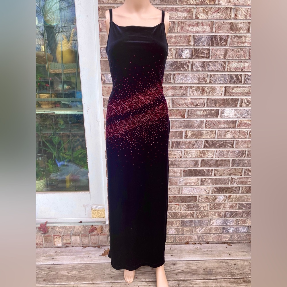Vintage 90s Goth Morgan & Co. Black Velvet Maxi Dress W/ Red Glittery